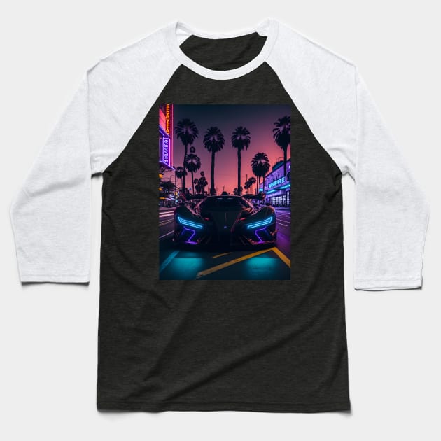 Dark Neon Sports Car in Beach Neon City Baseball T-Shirt by star trek fanart and more